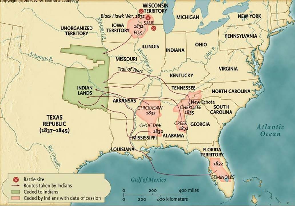 Map showing land during the time of Andrew Jackson with diagrams showing routes taken by American Indians and territory ceded to American Indians.