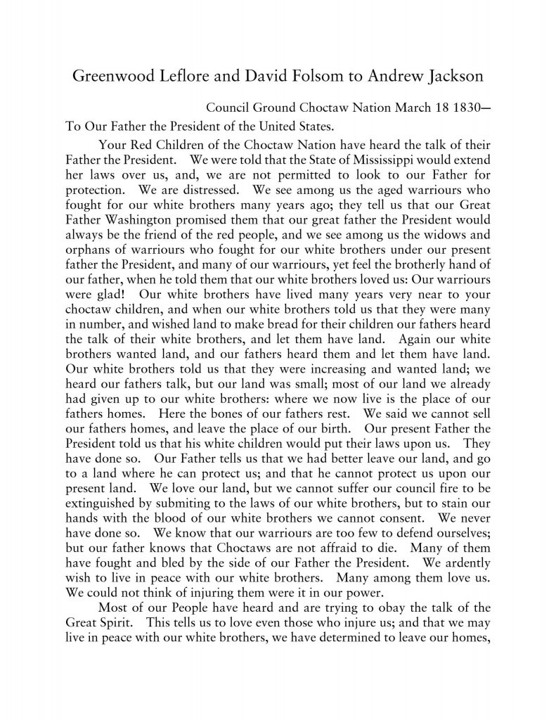 transcript Greenwood Leflore and David Folsom to Andrew Jackson 4-18-1830