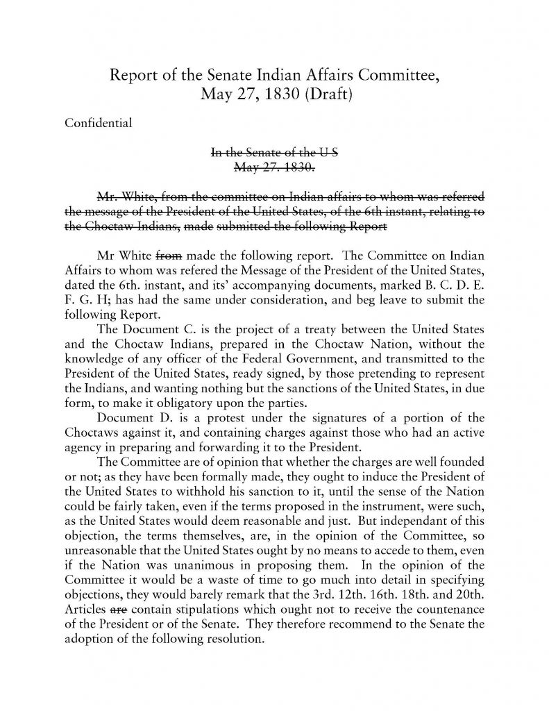 transcript Report of the Senate Indian Affairs Committee 5-27-1830