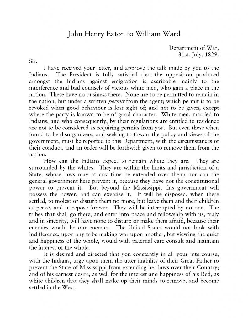 transcript John Henry Eaton to William Ward July 31 1829