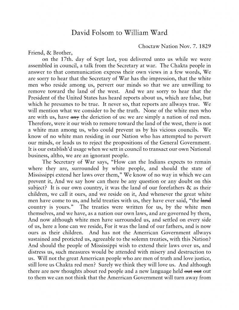 transcript of David Folsom to William Ward 11-7-1829