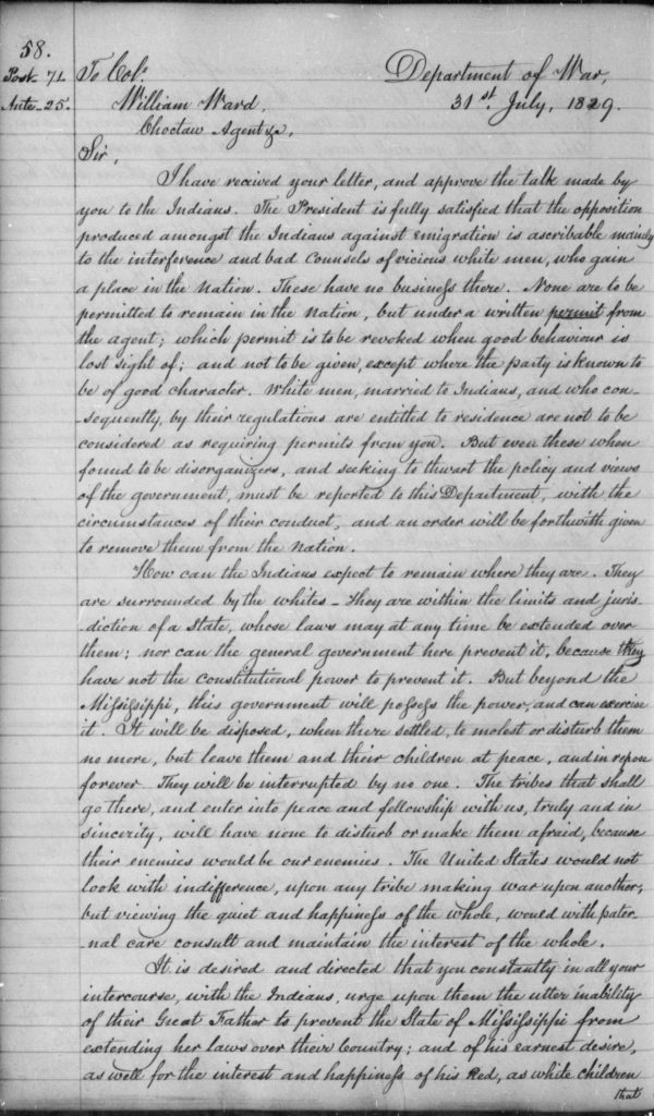 letter John Henry Eaton to William Ward July 31 1829