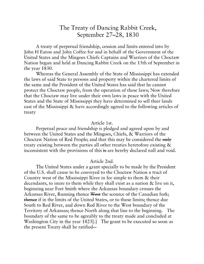 transcript The Treaty of Dancing Rabbit Creek with the Choctaw Nation, September 27, 1830