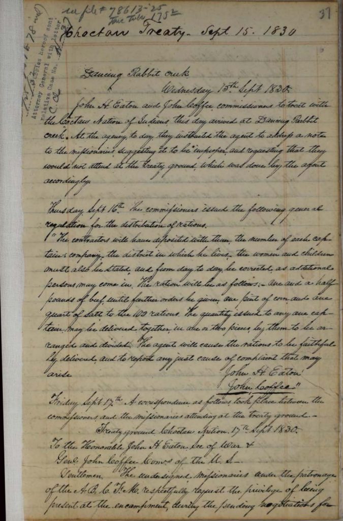 letter Treaty Journal documenting the negotiation of the 1830 Dancing Rabbit Creek Treaty