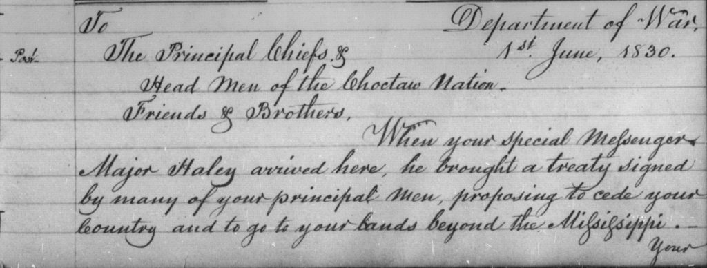 letter John Henry Eaton to the Chiefs and Head Men of the Choctaw Nation June 1 1830