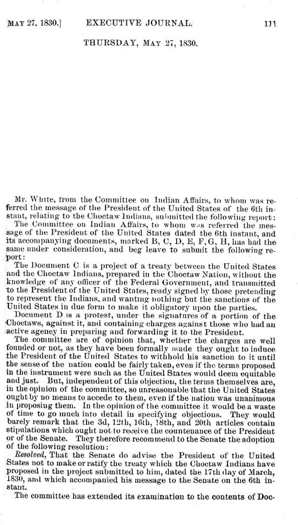 letter Executive Proceedings of the U.S. Senate May 27 and 29 1830