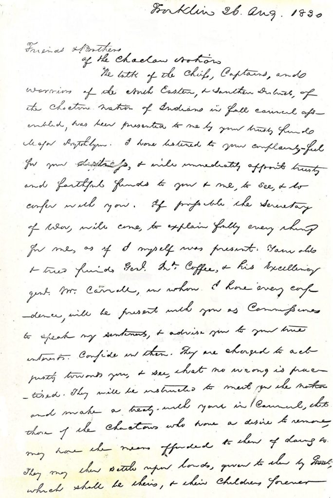 letter Andrew Jackson to the Choctaw Indians, August 26, 1830 (Sent)