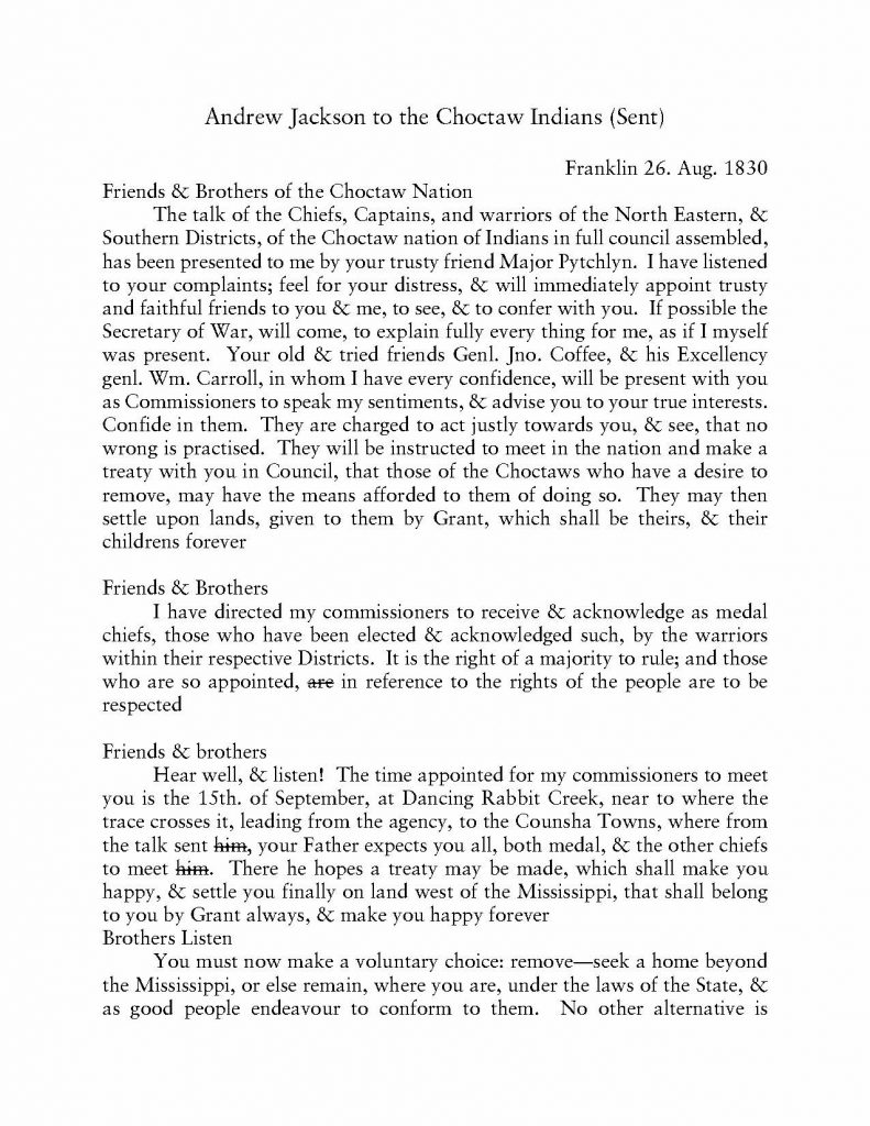 transcript Andrew Jackson to the Choctaw Indians, August 26, 1830 (Sent)