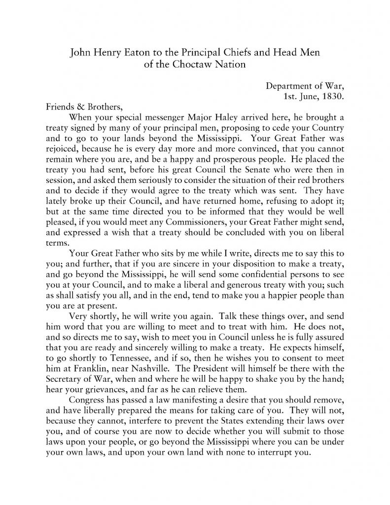 transcript John Henry Eaton to the Chiefs and Head Men of the Choctaw Nation June 1 1830