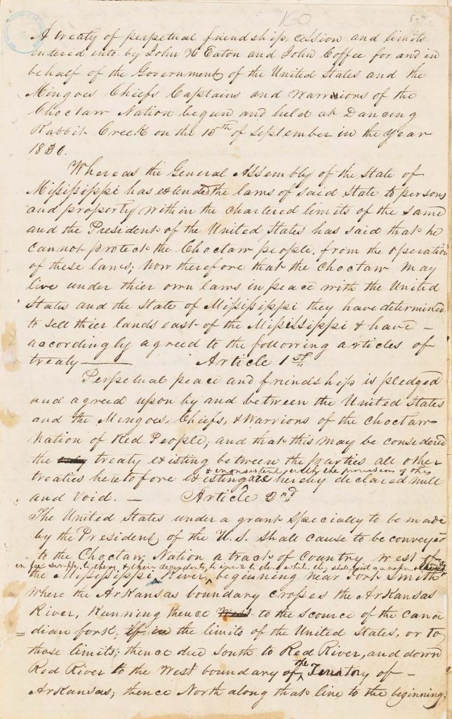 letter The Treaty of Dancing Rabbit Creek with the Choctaw Nation, September 27, 1830