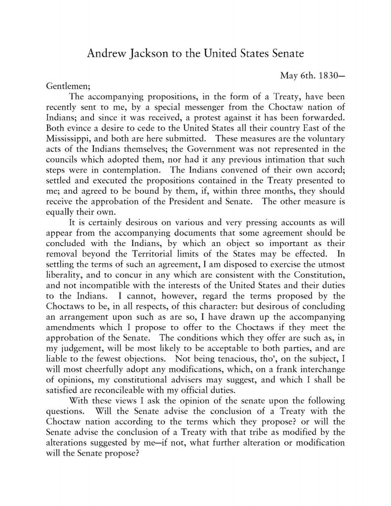 transcript Andrew Jackson to the United States Senate 5-6-1830